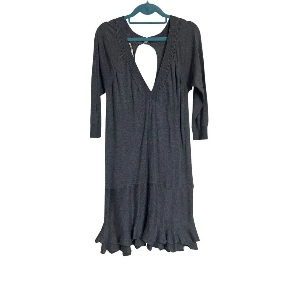 Free People Dress Womens Size Large Gray Ruffle Me Up Sweater Knit‎ 3/4 Sleeve
